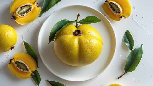 Exotic whole chempedak fruit with juicy yellow flesh centered on a pristine white plate for culinary and healthy food themes

