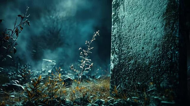 Creepy blank gravestone surrounded by eerie mist in a graveyard at night, Creepy blank gravestone in graveyard at night with fog and shadows,halloween theme