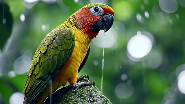 Beautiful brown throated parakeet perched on a mossy tree branch during a gentle rain, 4k beautiful Brown Throated Parakeet perched on a tree, feeding