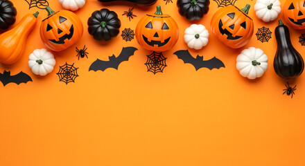 Flat Lay with Halloween Pumpkins and Spiderwebs on Orange