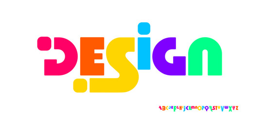 Plakat Colored creative alphabet, colorful geometric letters, playful cartoon font for happy kids branding, bright headline, joyful typography, vivid typographic design. Vector typeset