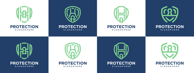 Set Collections of Letter H with Shield Logo Design Ideas. Unique Vector for Protect and Secure Privacy Concept.