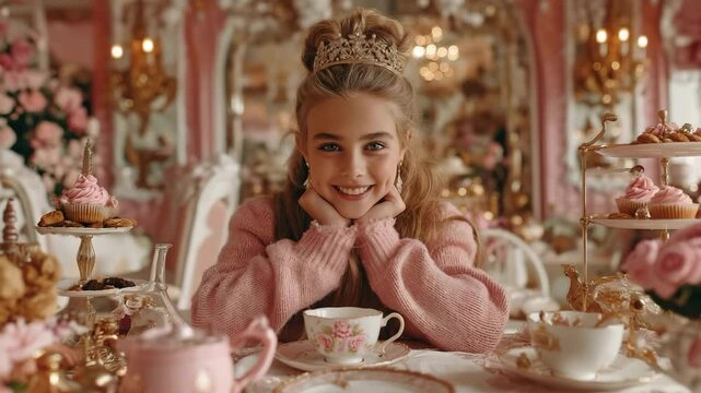 A happy girl with a tiara is seated at an interior table with a cupcake stand and a teacup.