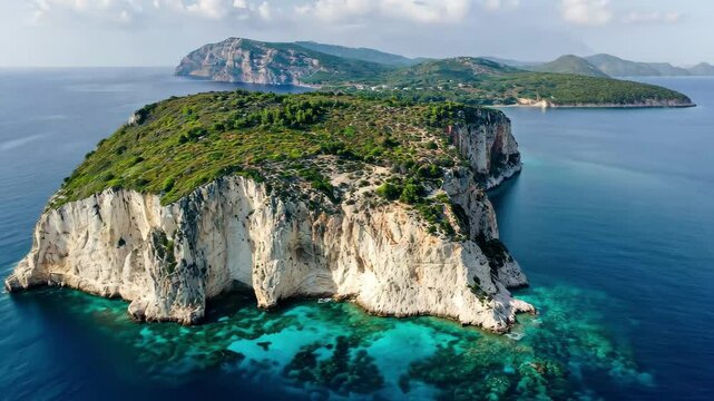 Breathtaking aerial view of Cameo Island in Zakynthos capturing its turquoise waters and rocky cliffs, 4K (UHD) Aerial view of Cameo Island in Zakynthos (Zante) island, in Greece