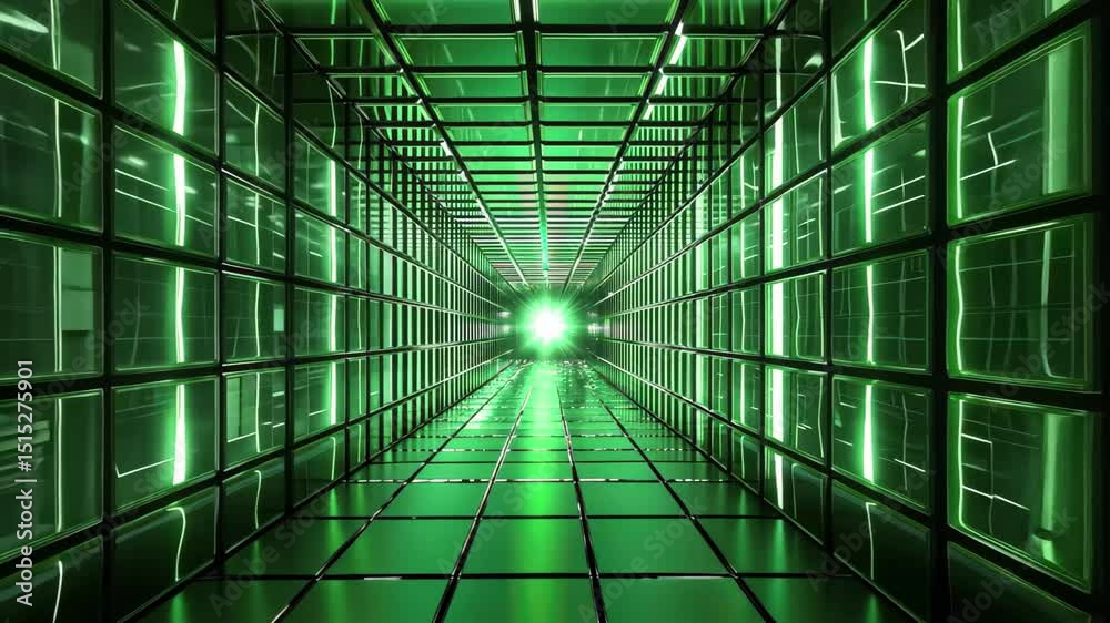 Poster tunnel illuminated with glowing green blocks creating a seamless grid pattern, 3d tunnel glowing gre