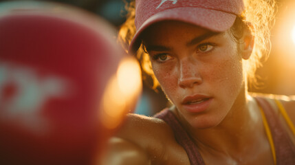 intense female boxer training outdoors with red gloves at sunset
