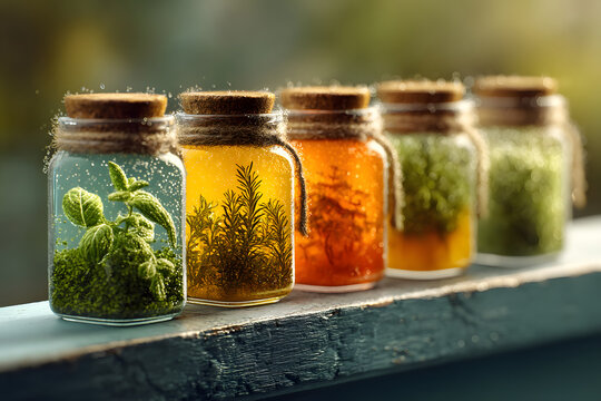 Mason jars filled with colorful herbs aligned on clean modern windowsill with backlight through herbs. aesthetic feeling,