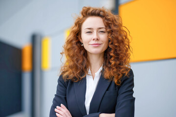 A woman with red hair is wearing a black suit and white shirt. She is smiling and looking directly at the camera