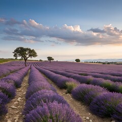 Purple lavender fields blanket the Provence landscape at sunset, showcasing the beauty of French agriculture under a vibrant sky