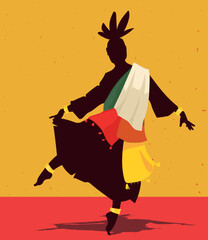 Vector illustration in bright colors. Dark silhouette of a dancing man in bright clothes on an orange background.