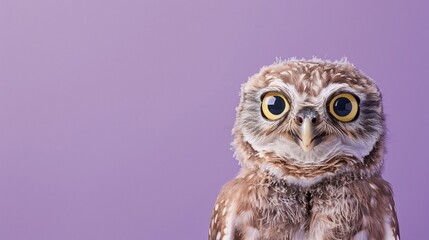 Naklejka premium Close-up of a curious owl, soft focus, against a vibrant purple backdrop