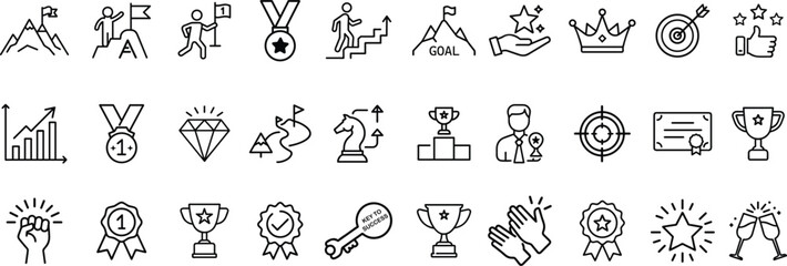 Business goal Web Icon Set in Line Style. Collection of Success Linear Icons, Including process, target, aim, focus, human resource, strategy, winner, action plan, strategy and more. 