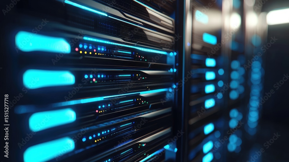 Fototapete 3D rendering of high-tech data servers glowing with blue lights in a modern server room, representing advanced cloud computing and digital infrastructure systems