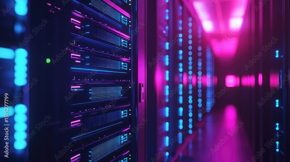 Aufkleber 3D render of a neon-lit server corridor with glowing racks in pink and blue, representing modern cloud computing, cybersecurity, and digital data infrastructure