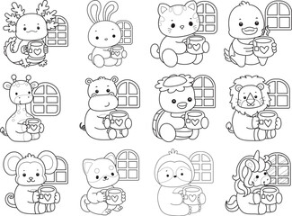 Printable of Cute wild animal vector icon. Outline of Fluffy pet stickers.
