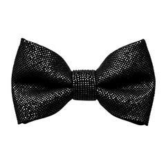 A close up shot of a shiny black bow tie with silver glitter on a solid centered isolated on transparent background