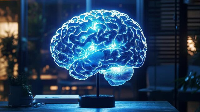 Abstract 3D human brain in a blue night club, radiating intelligence and power, blending medical science and technology