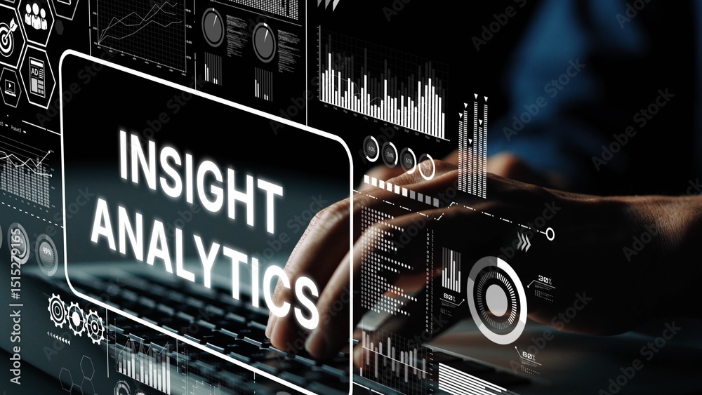 Poster modern data analysis and insight visualization with laptop and graphs in dark environment. asymptoti