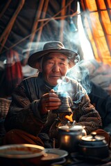 Obraz premium An elderly man enjoys a warm drink, enveloped in smoke amidst a cozy tent interior.
