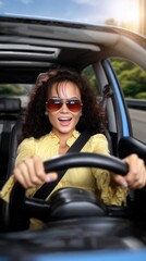 Naklejka premium Funny woman: anxious driver, comical reaction, joyful mood, frightened expression, car journey, nervous energy, humorous situation, playful attitude, emotional drive, lighthearted scene