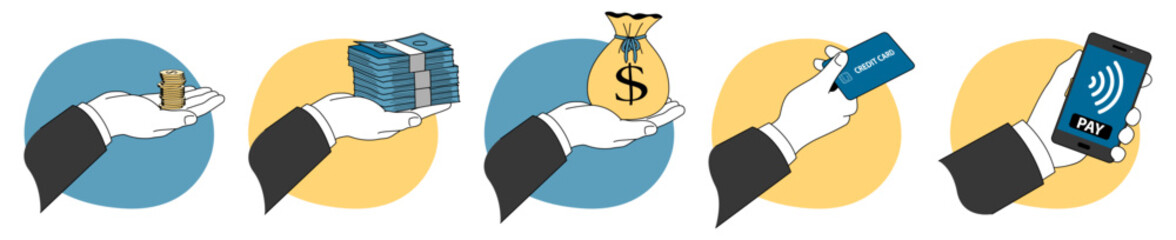 Vector set of business hand icons showing money and payment methods