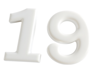 3D Rendered White Number 19 on Transparent Background