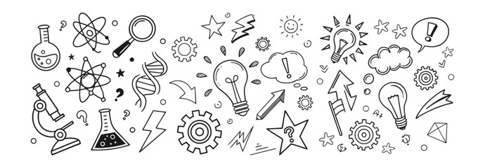 Line cute element set. Hand drawn scribble heart, arrow, flower and cloud elements on chalkboard background. Doodle sketch heart, star, cloud cartoon sticker shapes. Vector illustration