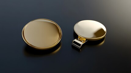 Two polished gold circular objects on a dark surface.