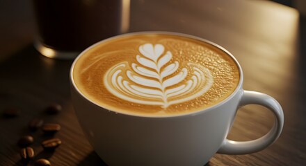 Pouring Coffee Latte Art in Cup with Beans on Wooden Table