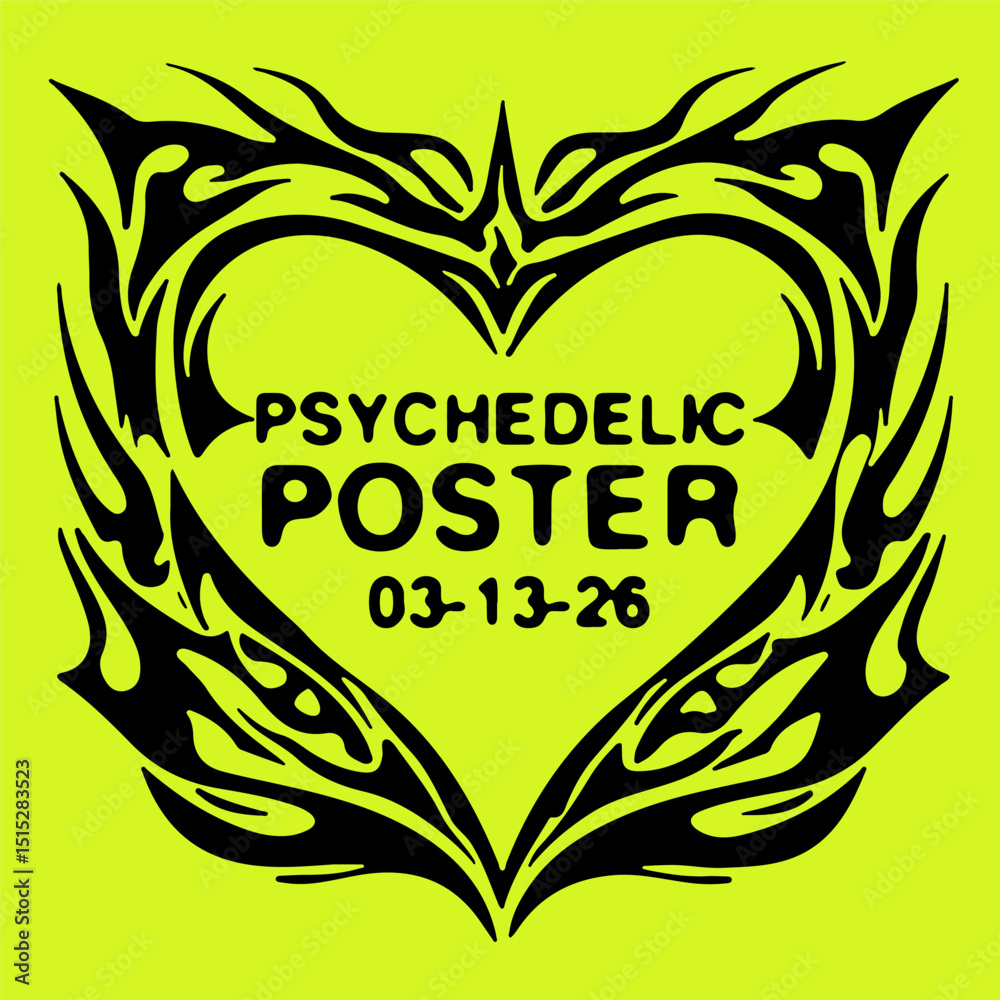 Poster vector illustration of a black frame in cyber sigilism and neo tribal style over neon yellow. bold l
