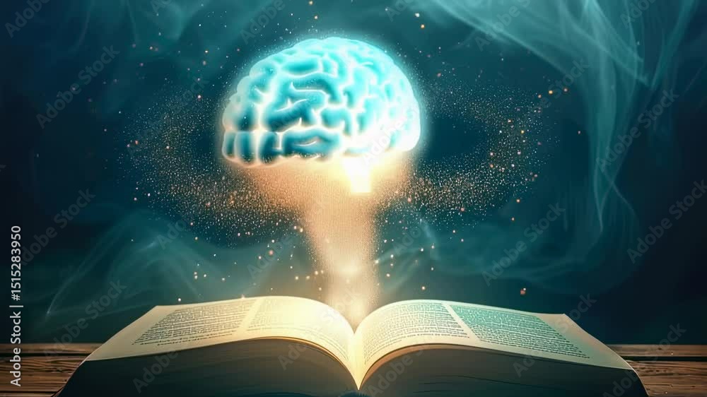 Wall mural glowing brain emerging from an open book, symbolizing knowledge and learning in a magical, ethereal 