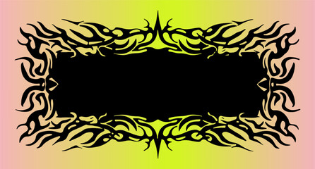 Vector illustration of a black frame in cyber sigilism and neo tribal style over neon yellow. Bold lines and futuristic shapes reflect the Y2K and cyber-aesthetic trend in design today.