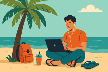 Fototapeta premium Man working remotely on laptop at tropical beach with palm tree