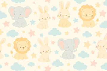 Pastel seamless pattern with cute baby animals and stars