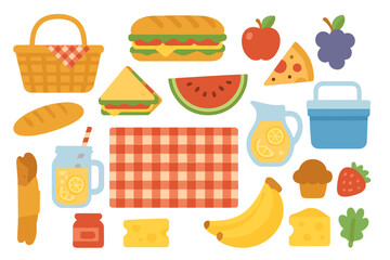 Flat design picnic food icons with blanket and snacks