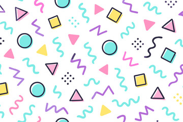 Seamless retro Memphis pattern with colorful abstract shapes