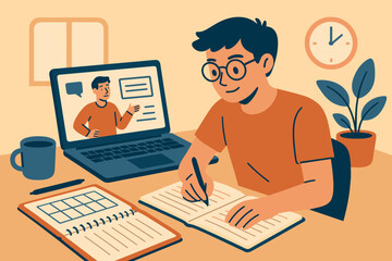 Student taking notes during online class with laptop