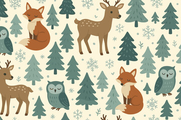 Seamless winter forest pattern with foxes, owls, deer, and pine trees