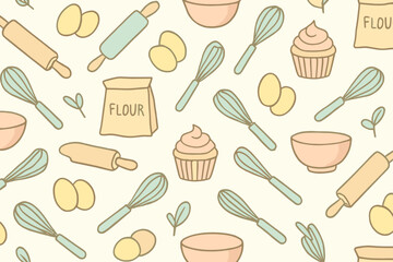 Pastel baking pattern with cupcakes, eggs, flour, whisks, and bowls