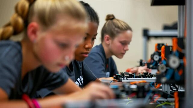 Young girls engaged in a STEM workshop, focused on building and learning with technology and creativity.