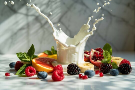 Colorful yogurt splash with assorted fresh fruits and mint garnish background.