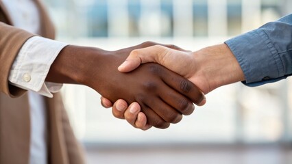 Cross cultural teamwork concept. Handshake between diverse individuals symbolizes partnership and collaboration in a professional setting.