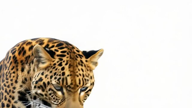 Close-up portrait of a leopard with a white background, showcasing its striking features and intense gaze in a studio setting.