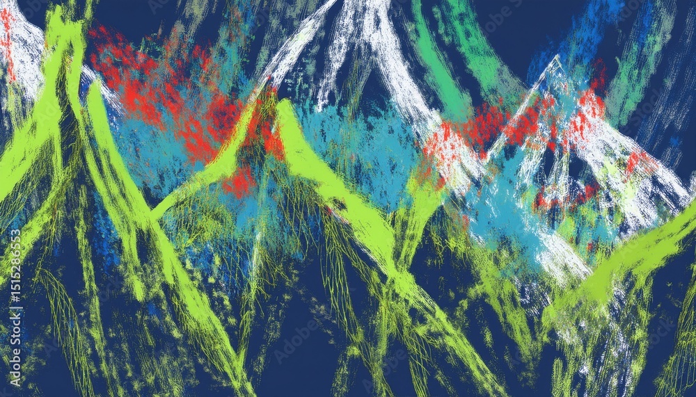 Poster abstract alpine landscape with neon brushstrokes on deep blue background for modern web design, post