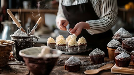 Close-up of a pastry chef's skillful hands delicately applying cream to freshly baked cakes. The process of creating sweet masterpieces and the atmosphere of a professional pastry shop or cozy cafe. F