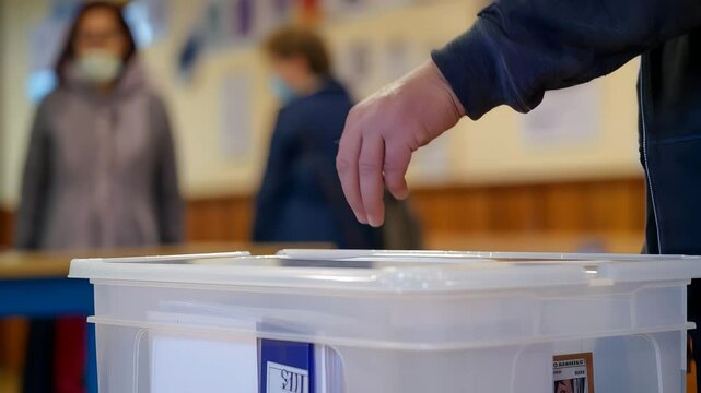 A hand voting in the election booth video voting center video polling booth video politic ballot box video putting vote in the ballot box video