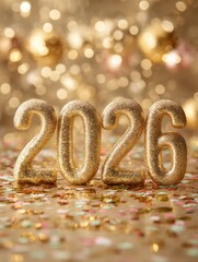 Golden numbers representing 2026 stand on a surface covered with colorful confetti, surrounded by shining lights that create a joyful atmosphere
