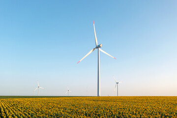 Wind turbines blades in agricultural fields blooming sunflowers aerial view orange sunset blue sky wind park slide forward. Silhouettes windmills, large sun disc summer lens flare. Alternative energy