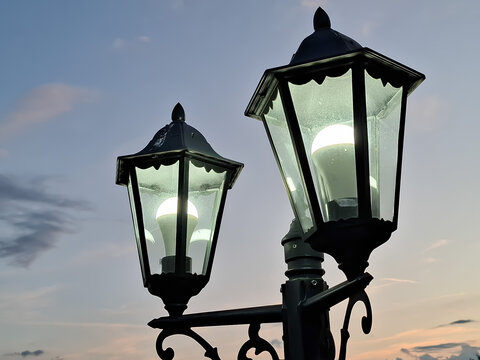 Vintage street lamps at dusk