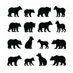 Black bear silhouettes set adult cubs mama bear family wildlife